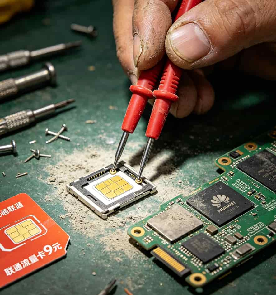 华为随身WiFi老是重启?换了三张联通流量卡9元版后,我劝你别瞎买 万用表检测SIM卡槽电压波动示意