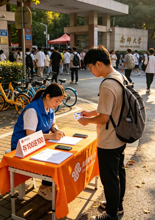 南京邮电大学三号门外流动摊点，校园卡办理现场