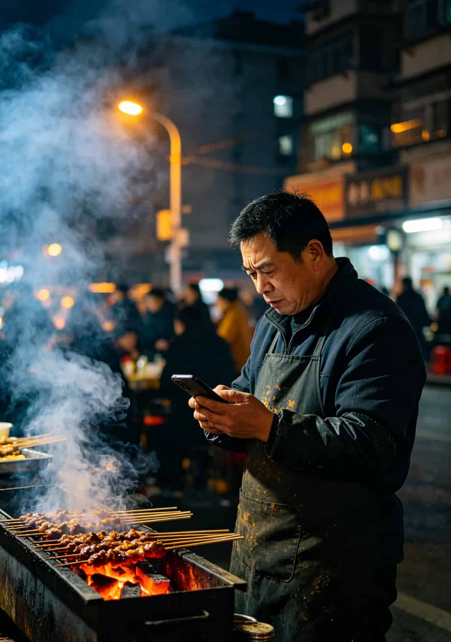 深夜街头烤串摊，摊主低头看手机的侧影