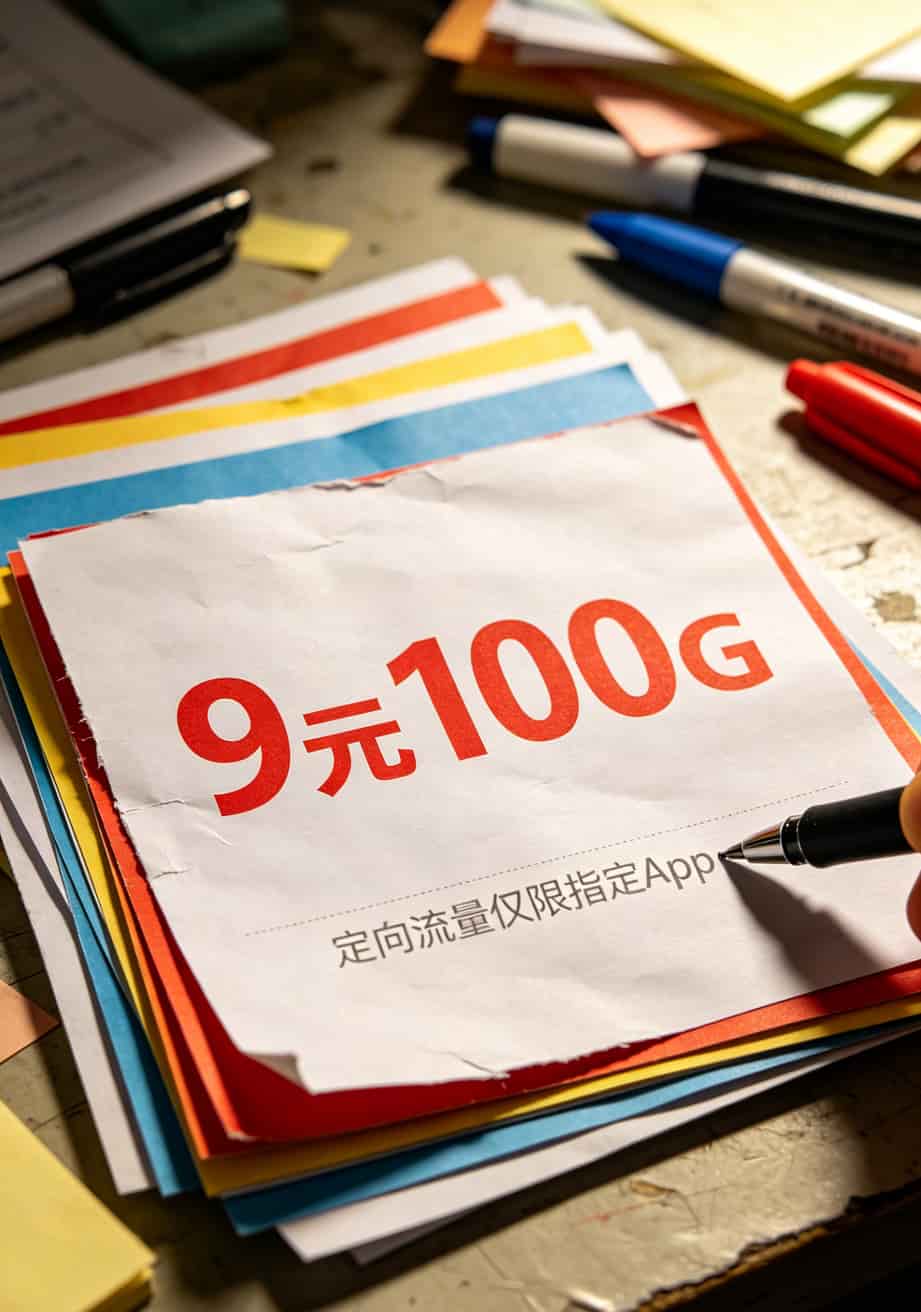 华为随身WiFi断网自救:我花了6个月搞明白的办9元流量卡入口真相 低价流量卡宣传页上的灰色小字陷阱示例