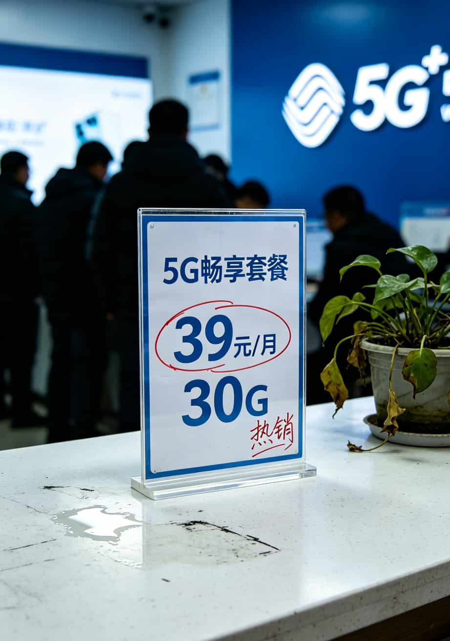 手机营业厅柜台实拍，资费宣传板显示最低39元套餐