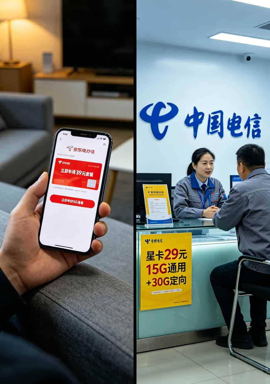 线上京东通信办卡页面与线下电信营业厅办卡场景对比图