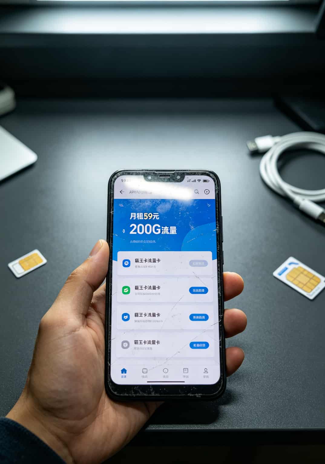 华硕随身WiFi+霸王卡流量卡折腾记:激活、避坑、省钱全在这儿了 手机截屏显示霸王卡流量卡套餐详情页,月租59元200G