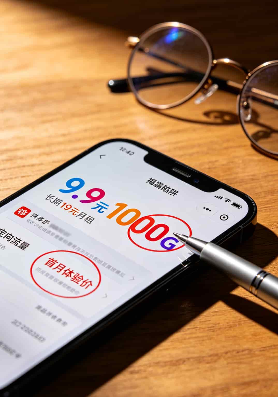 长期19元月租流量卡是真的吗?拿华为E557C踩了七八张卡的人,跟你交个底 拼多多上9.9元流量卡的商品截图,红圈标出小字部分