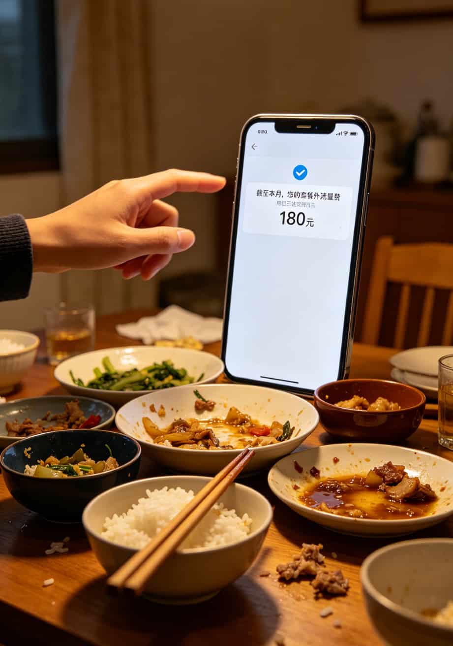 19元100g流量卡,我折腾半年终于搞明白了!靠谱的流量卡办理入口长这样 用户手机收到运营商扣费提醒短信,餐桌上放着碗筷