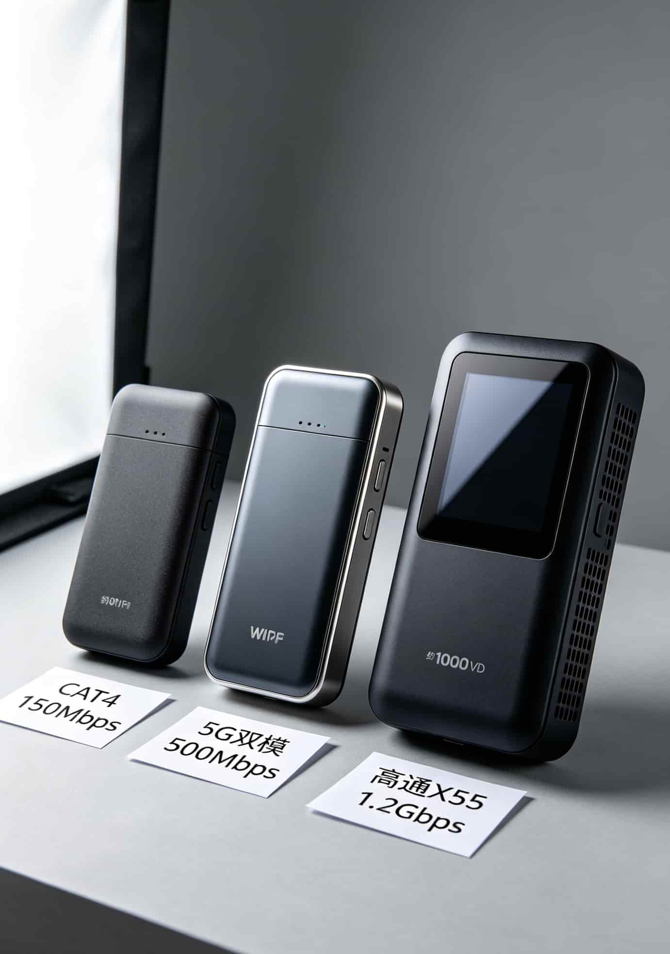 三台不同价位的随身WiFi并排对比，标注价格和核心参数