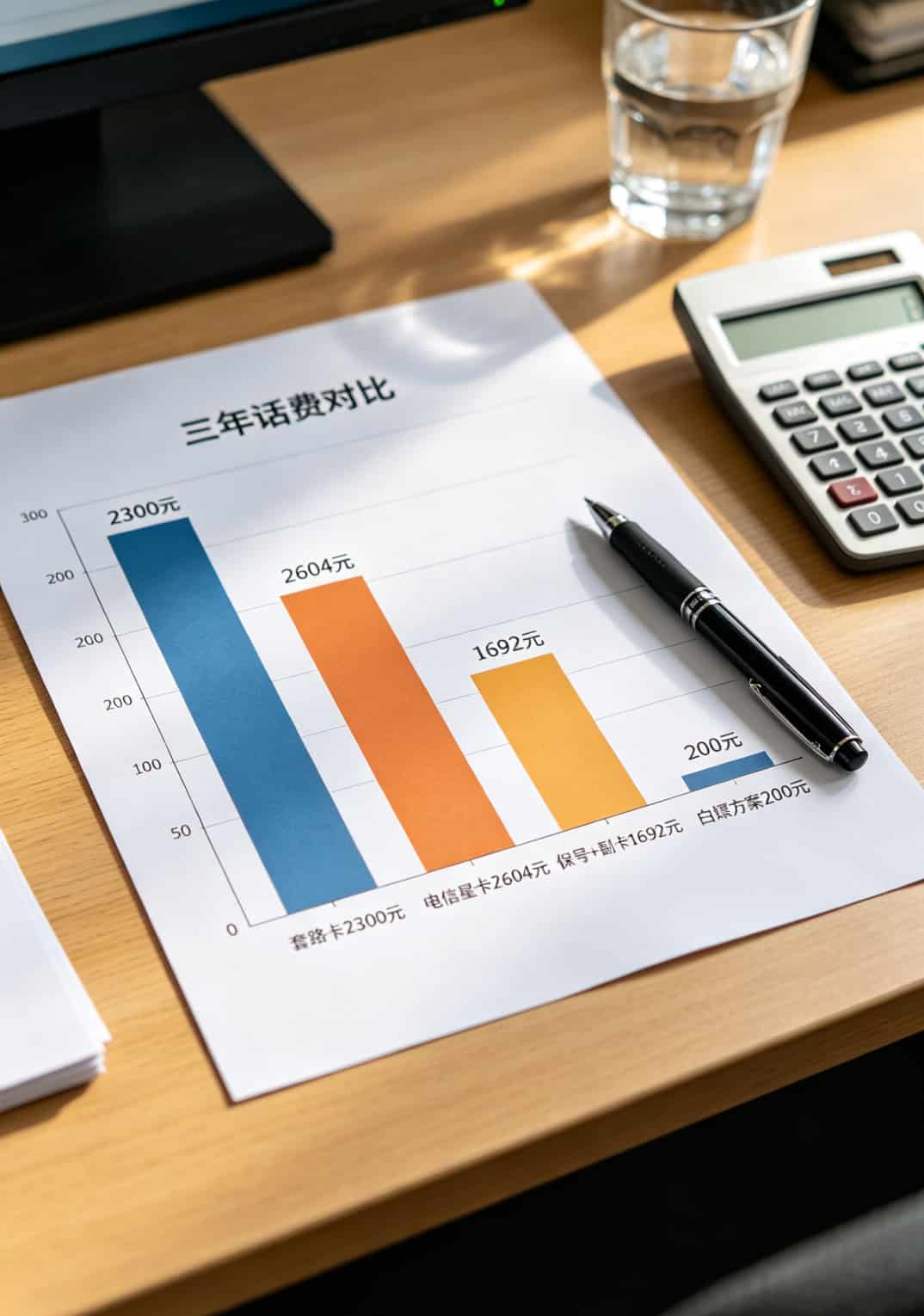 三年话费对比柱状图，套路卡最高占比，白嫖方案最低