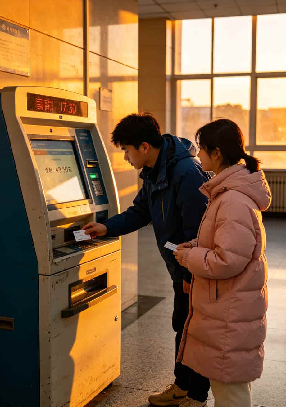 自助终端机前学生查询校园卡余额