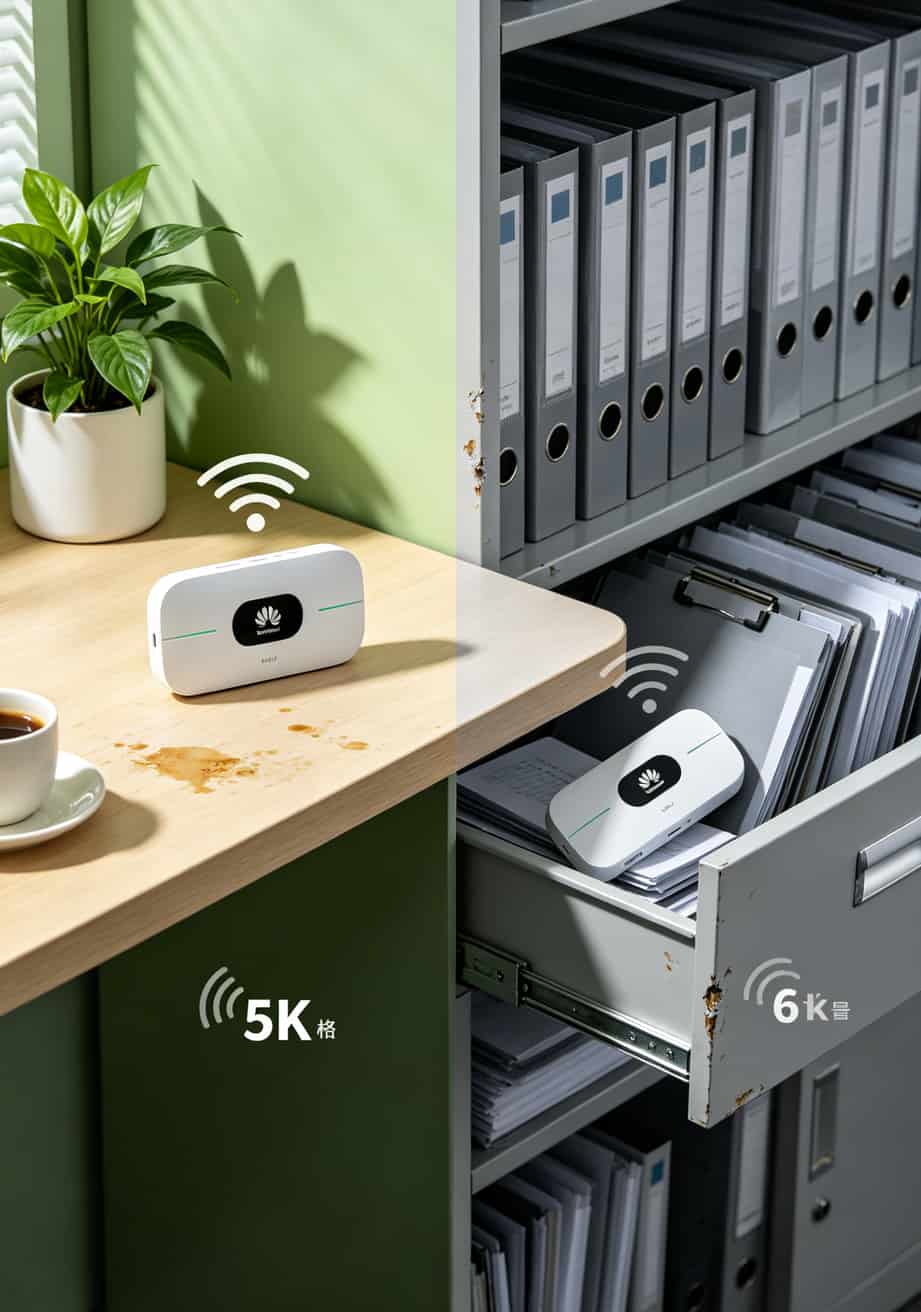 华为随身WiFi老断网?别急着换设备!先办张联通流量卡不限量,再按这土法排查,90%故障自己搞定 华为随身WiFi正确摆放位置对比图:木质桌面vs金属表面