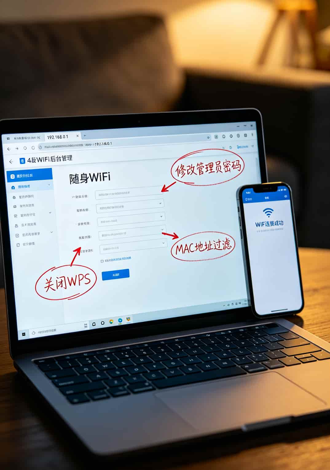 随身WiFi后台管理界面截图，标注需要修改的关键设置