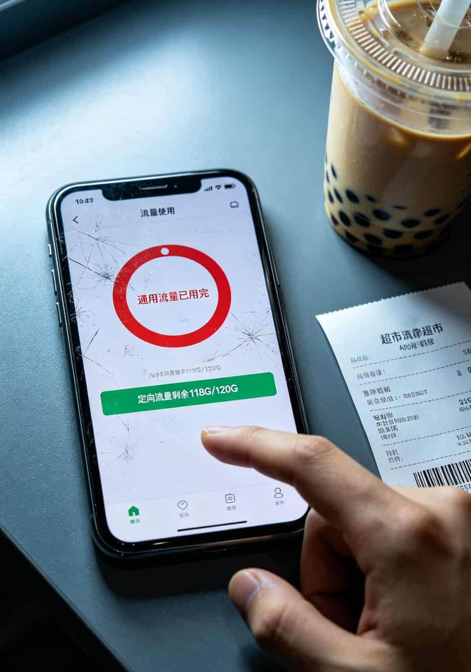 流量明细截图，20G通用流量已用完，120G定向流量还剩118G