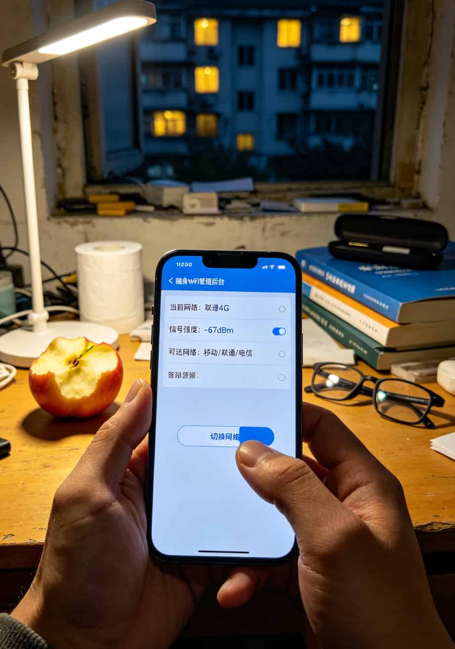深圳福田地铁口摆摊卖随身WiFi的场景，红色桌布上堆满设备