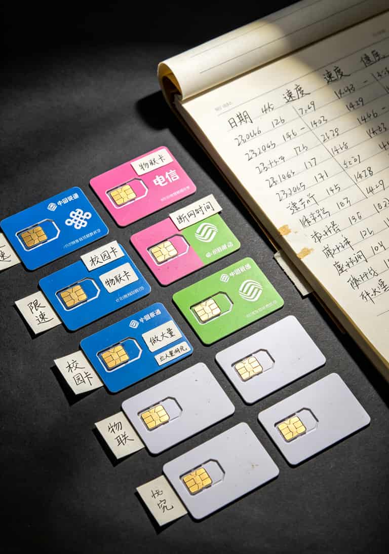 不限流量卡免费申请前先看这篇,我花了半年替你踩完了所有坑 十三张不同颜色的SIM卡排成两排,旁边贴着一张手写的测试记录纸