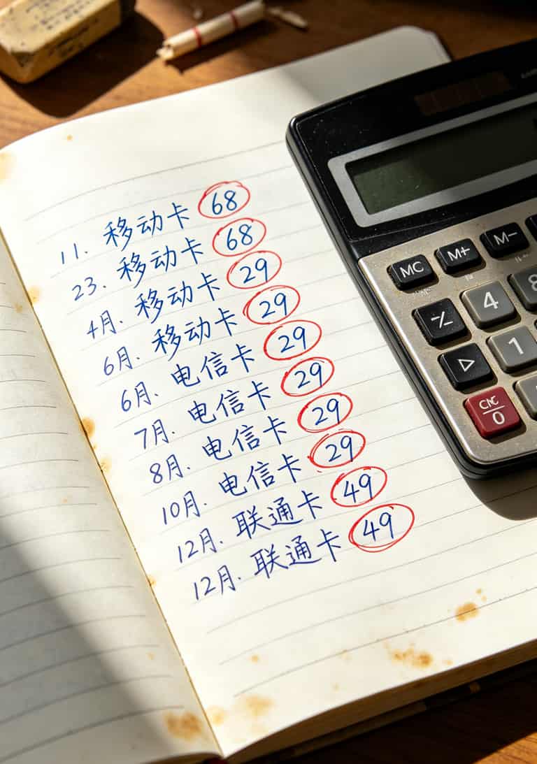 办了8张流量卡花了近800块冤枉钱,今天告诉你办理移动流量卡要多少钱才不算被坑 手写记账本上记录着每月话费支出