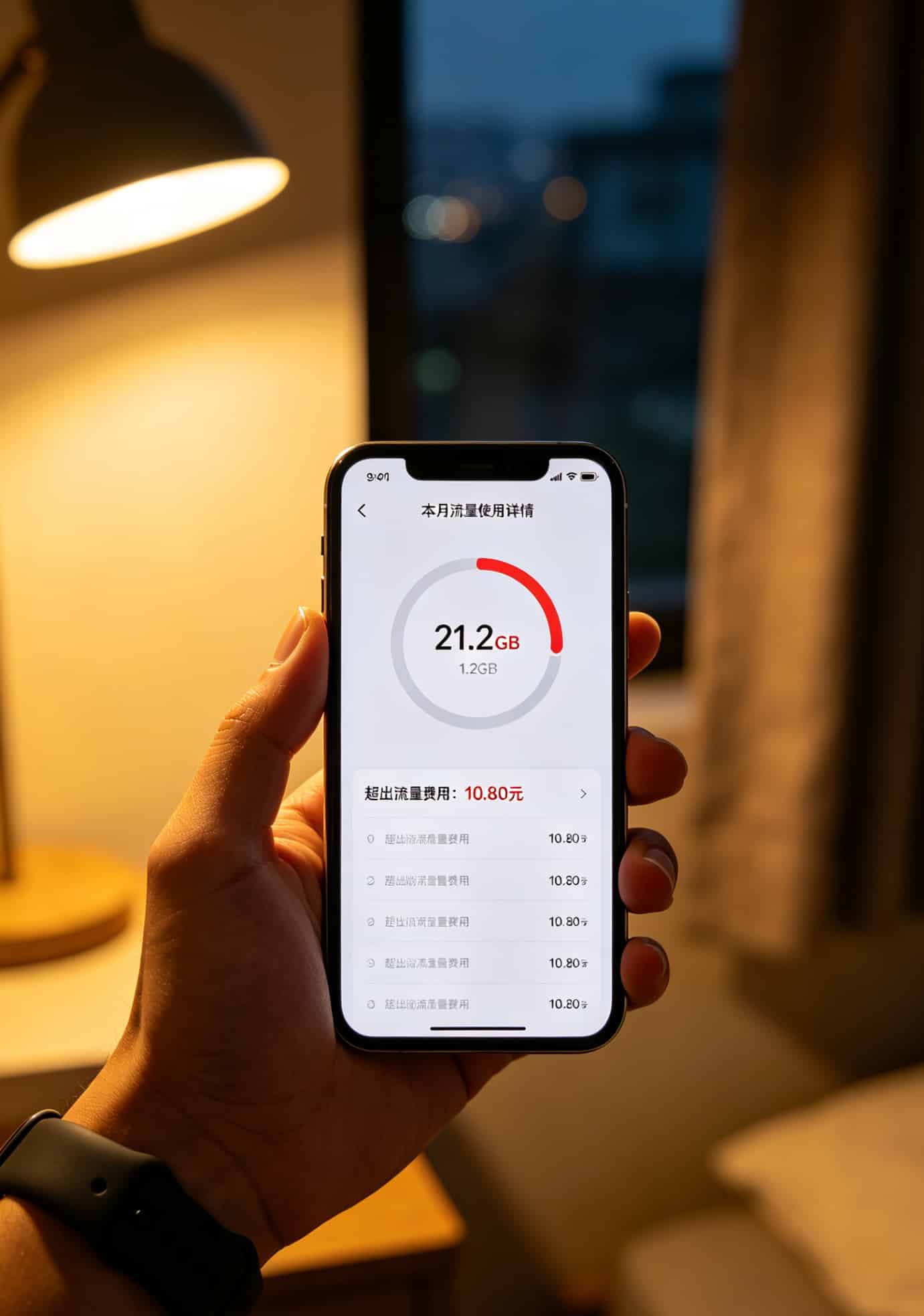 手机流量统计页面截图，显示30天内超出流量1.2GB，额外扣费10.8元