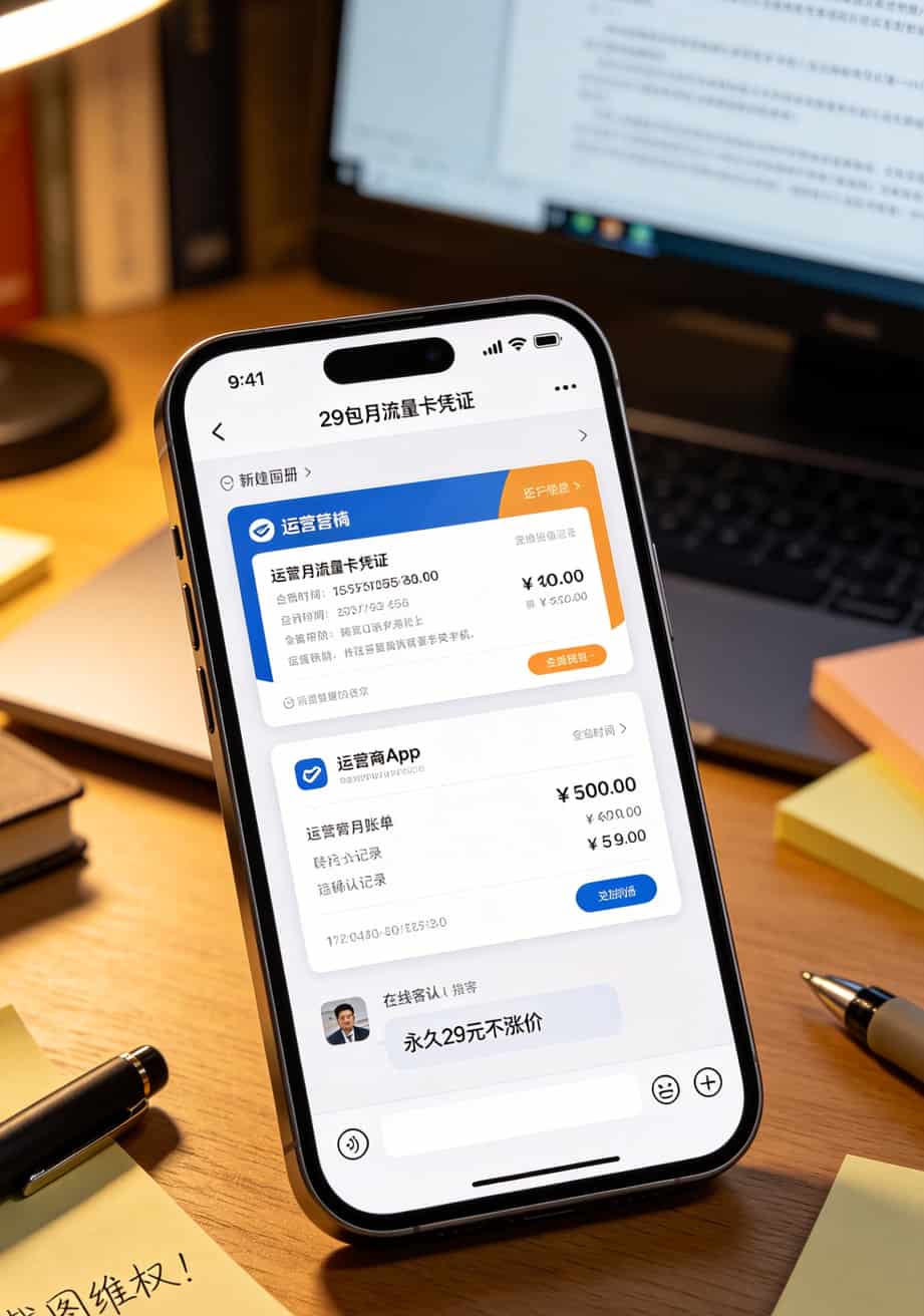 手机相册截图文件夹，显示“套餐详情”、“扣费记录”、“客服对话”三个分类截图