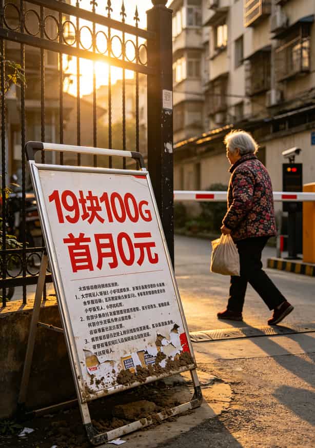 小区门口广告牌上首月0元大字宣传