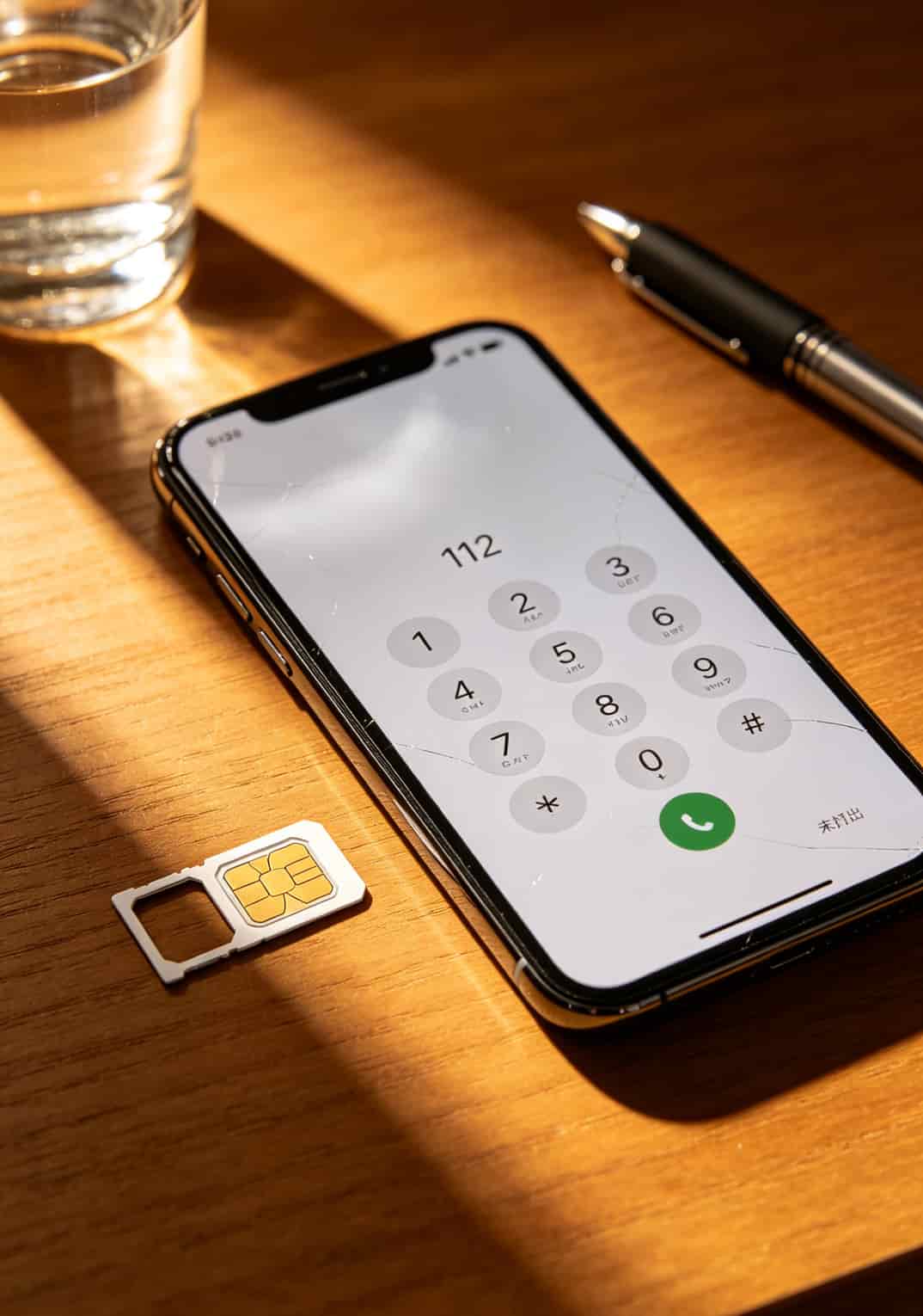 手机拨号界面显示112，旁边一张SIM卡被拔出