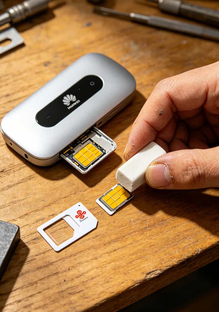 华为随身WiFi连不上网?别急着扔设备!30块钱的便宜联通流量卡坑在哪我全踩过 华为随身WiFi SIM卡金属触点清洁方法图示