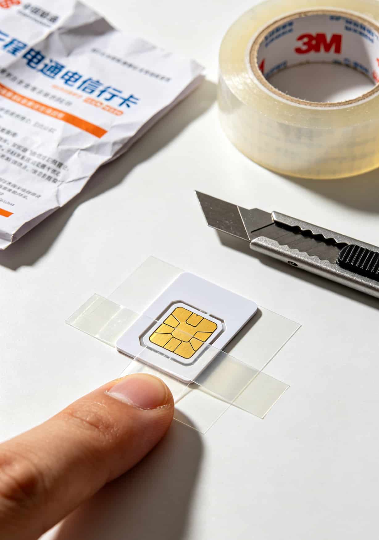 华为随身WiFi配啥电话卡流量卡移动最省钱?我用了6张卡踩遍所有坑,这份避坑清单你收好 透明胶垫片贴在SIM卡芯片背面的细节实拍图