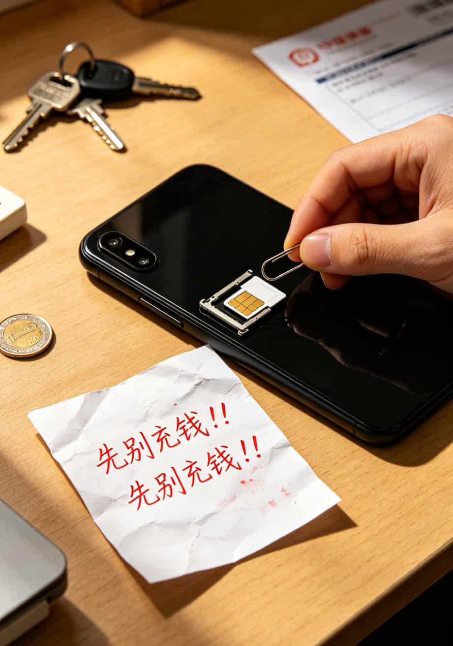 手机插卡操作示意图，标注“先别充钱，先别充钱”
