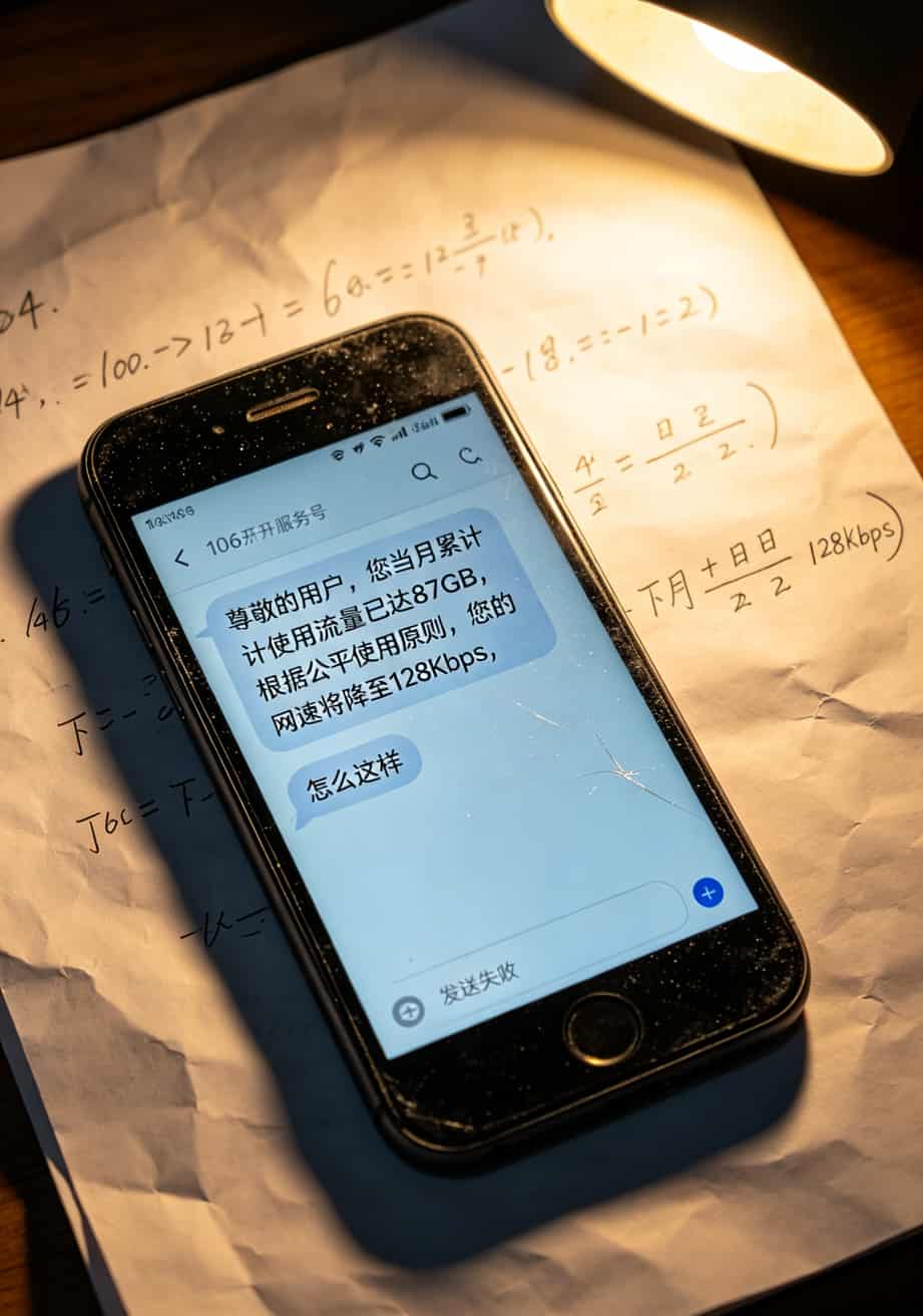 19元通用流量卡坑了多少人?我花2000块买了这些教训(附避坑指南) 流量卡限速通知短信截图,写着达量降速提醒