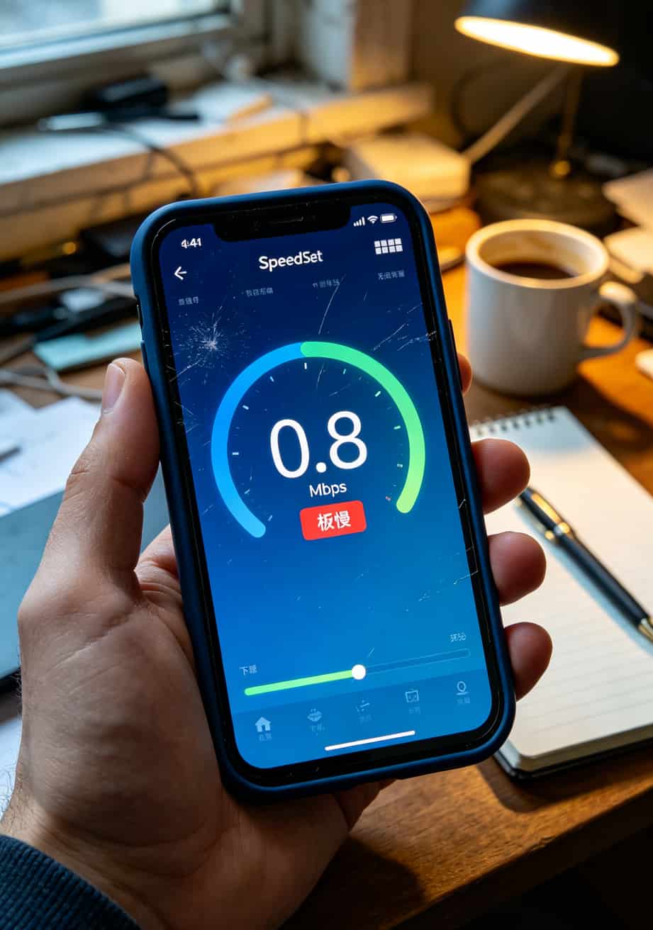 手机测速截图显示0.8Mbps，红色字体标注“极慢”