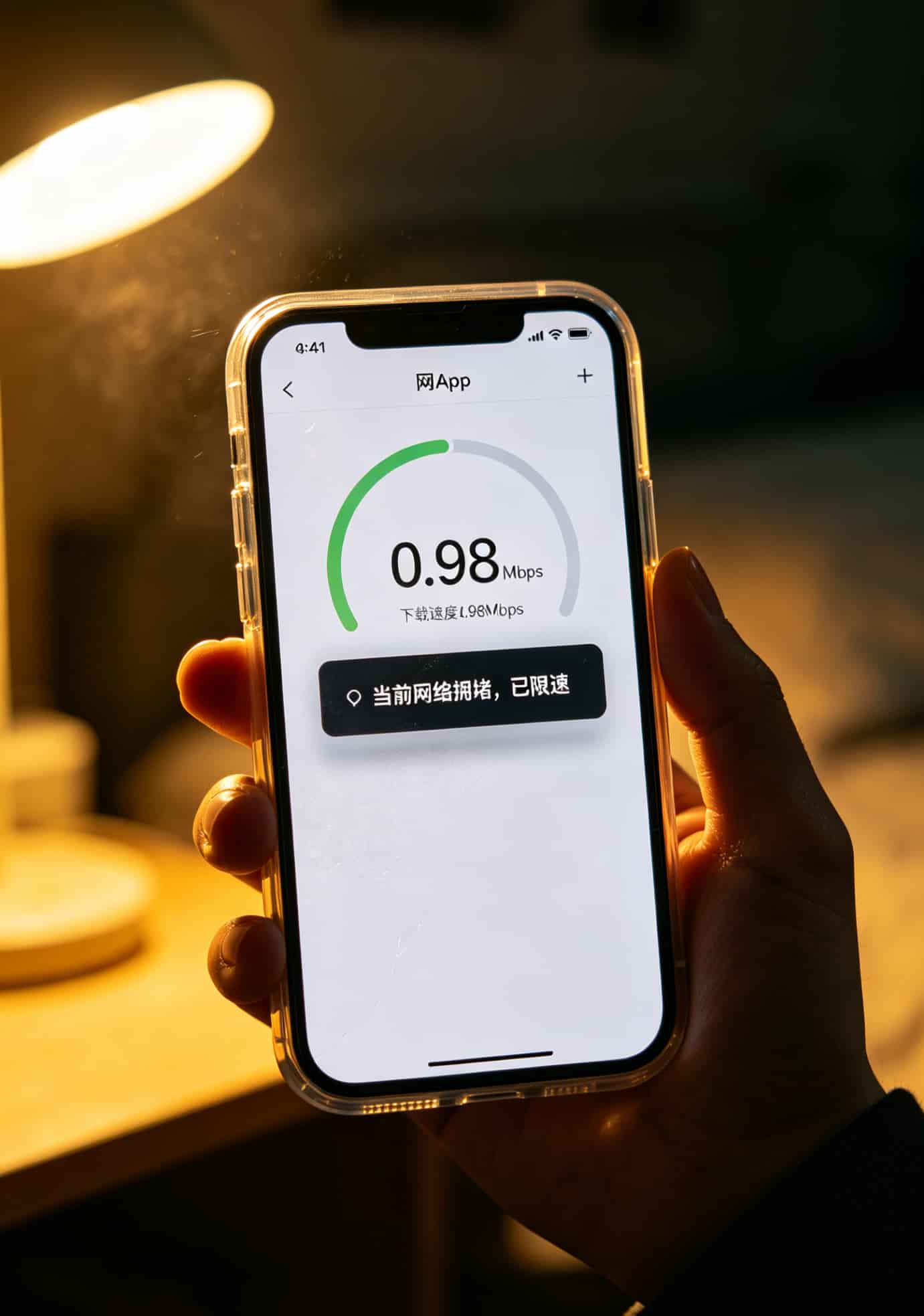 手机网速测试显示0.98Mbps，旁边一个限速提示弹窗