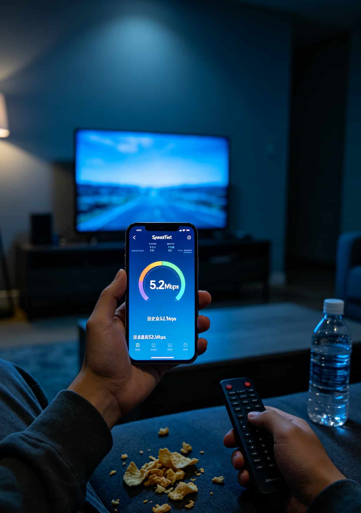 手机测速软件显示网速从50Mbps下降到5Mbps