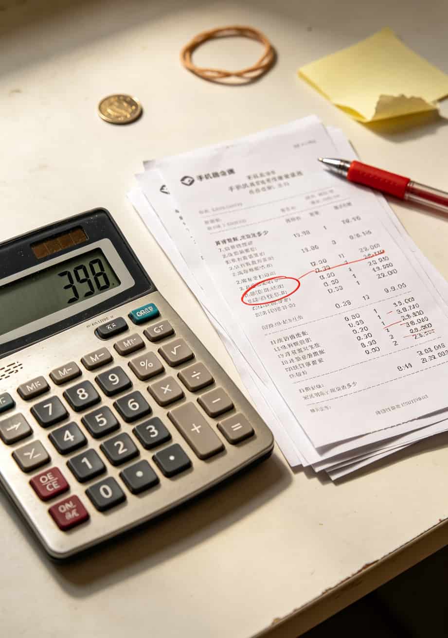 办流量卡有什么坏处吗?19元180G套餐我劝你别乱办,8年老通信人说实话 计算器上显示398元和468元的对比,旁边放着一张手机账单