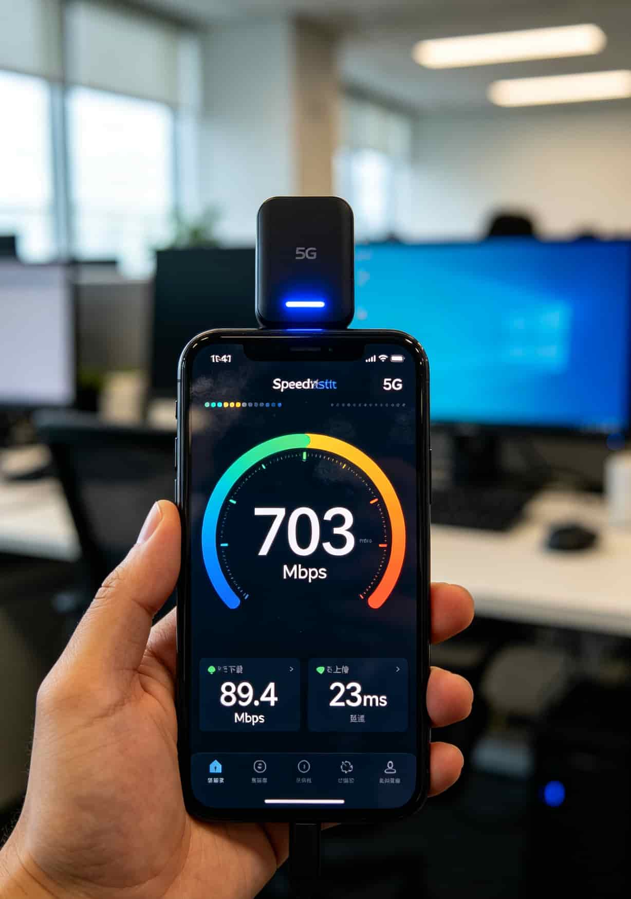 Speedtest测速截图显示703Mbps，手机信号栏满格