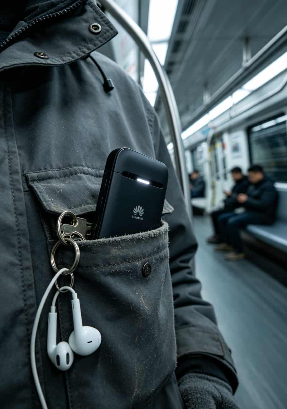 一张50元100g流量卡+华为随身WiFi,我替你们踩了半年坑,这是真实体验 华为随身WiFi挂在胸前背包上的使用场景示例