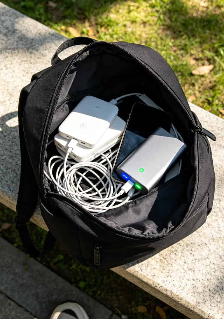 随身WiFi、充电宝、手机叠放在包里的场景