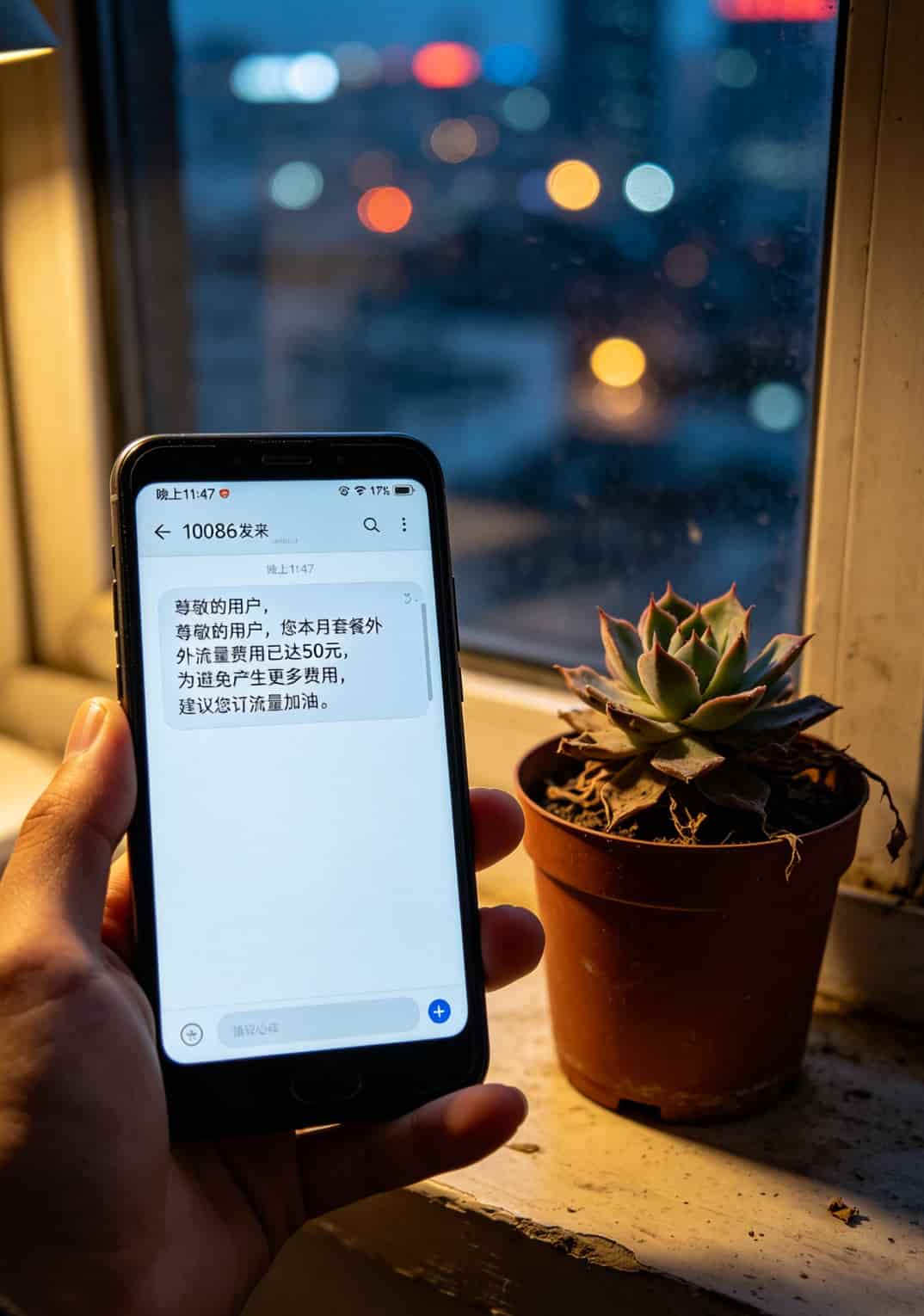 19块钱的“不打电话的流量卡”,我亏了300块后才敢写这篇大实话 手机短信截图,显示“套餐外流量费用已超50元”的提醒