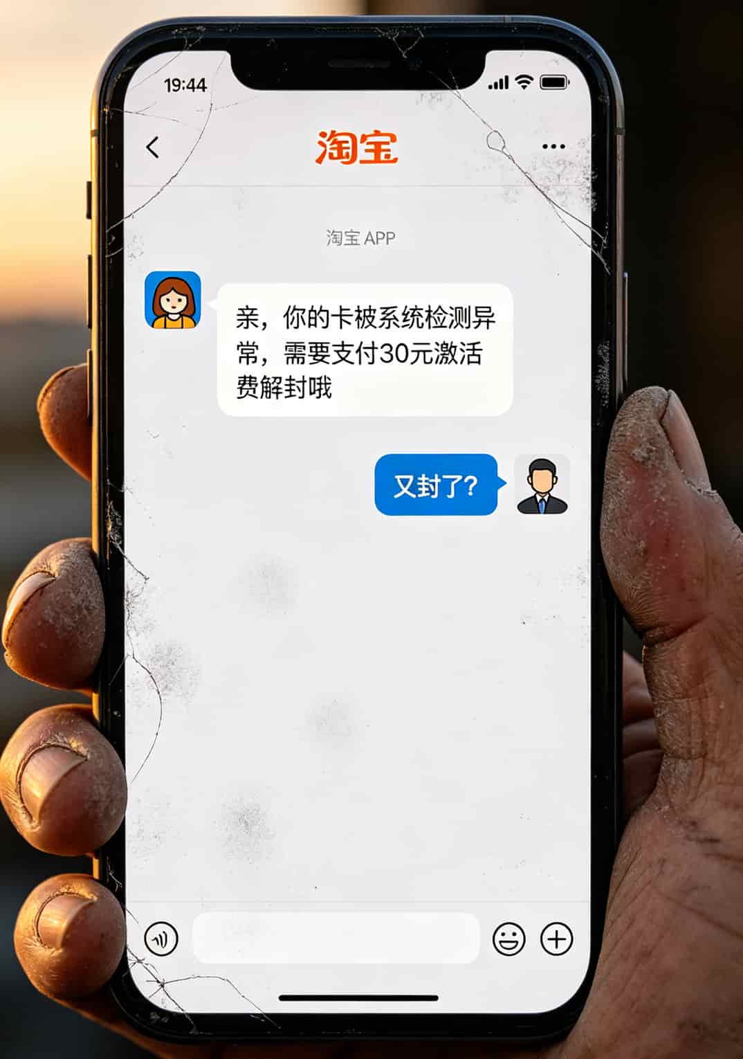 华为5G随身WiFi流量卡避坑指南:一张便宜又好用流量卡让我三年省两千 淘宝聊天截图,显示客服要求额外付费解封流量卡