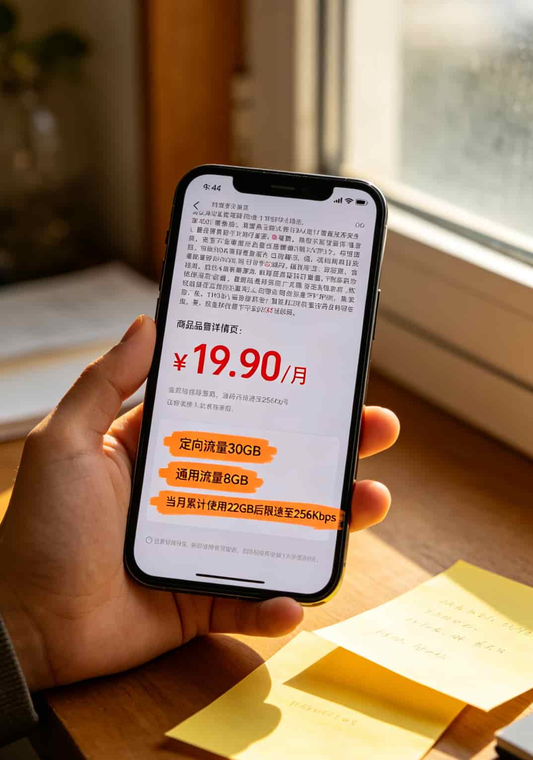 手机淘宝上流量套餐详情页截图，文字密密麻麻，红圈标出几行小字