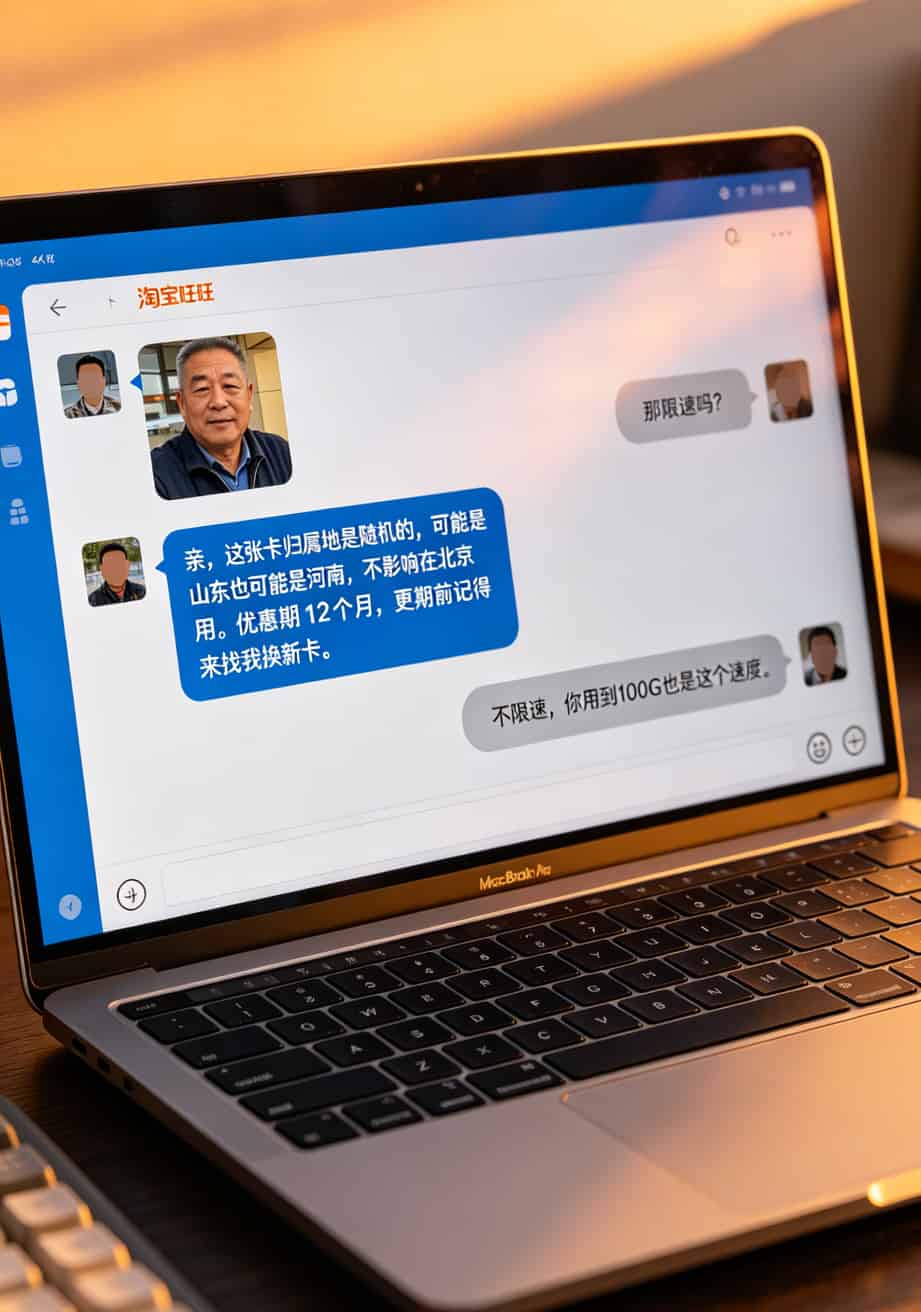19元通用流量卡坑了多少人?我花2000块买了这些教训(附避坑指南) 淘宝店铺聊天截图,老板说归属地随机12个月后换卡