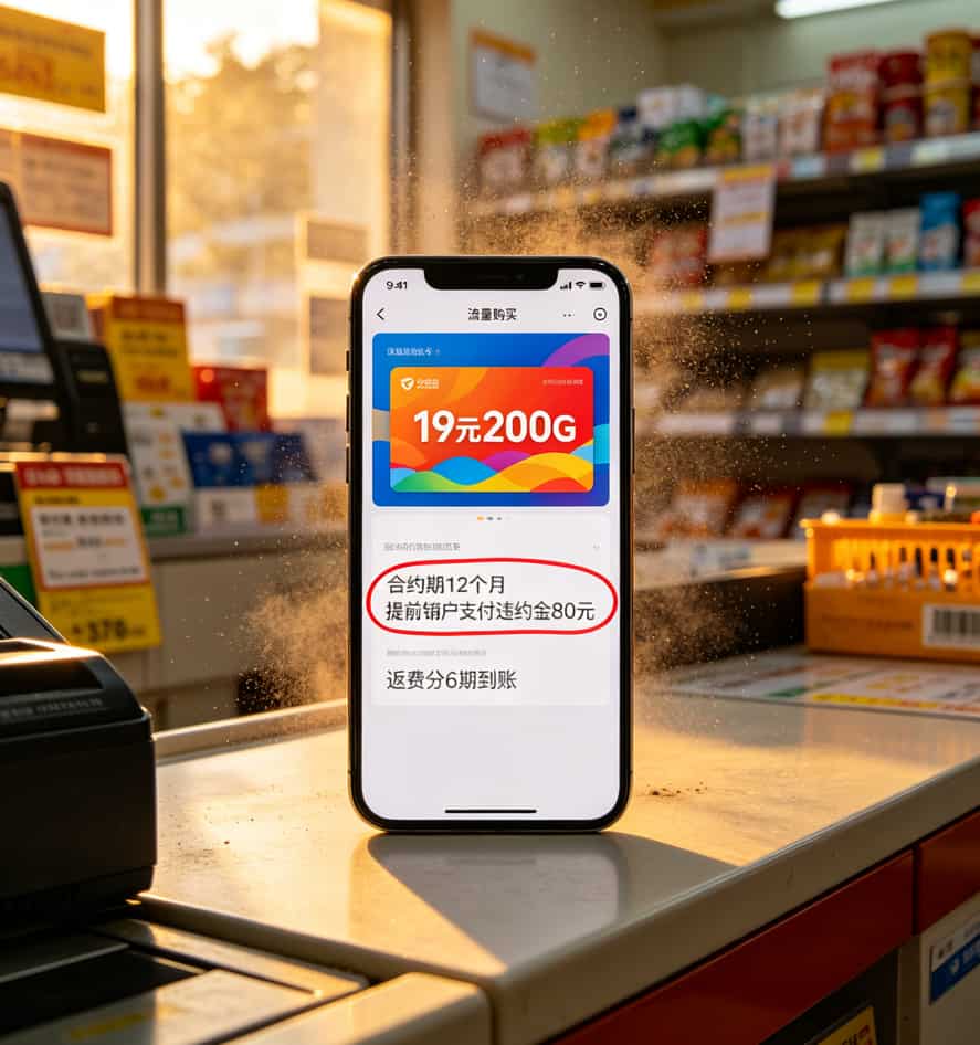 套餐详情页小字放大截图，标注“合约期12个月”“返费规则”
