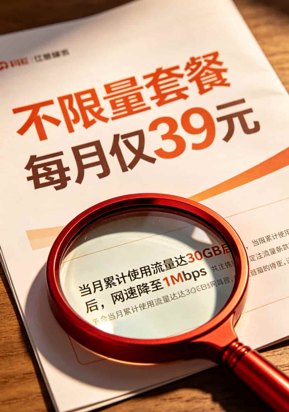 40g全国通用流量卡怎么选?我换了3台设备花了2年,告诉你别再交这些智商税 套餐宣传页上的小字放大截图,标注隐藏条款