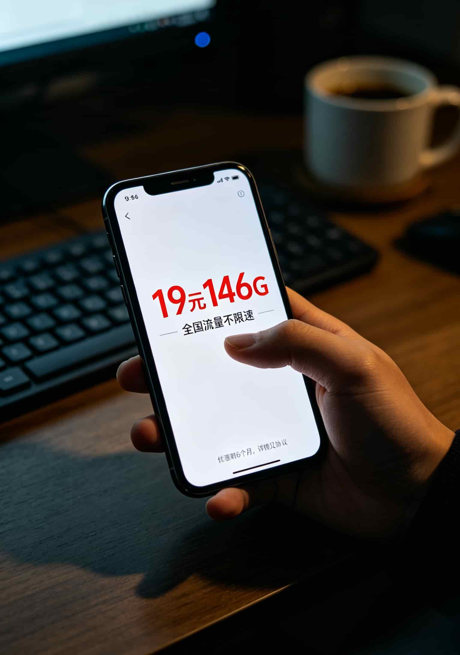 手机截图显示19元146G流量卡的宣传页面，大字突出，底部小字几乎看不清