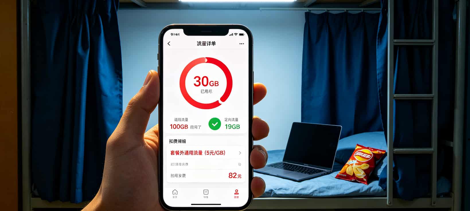 华为随身WiFi搭配9元月租流量卡电信,我踩了6个坑才敢说真话 电信App流量详单截图,显示通用流量已用尽并有超额扣费记录