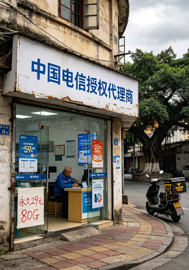 19元100g流量卡坑了我半年,换电信永久29元流量卡后才算真正省心 电信授权代理商店面照片,门口挂着官方授权牌