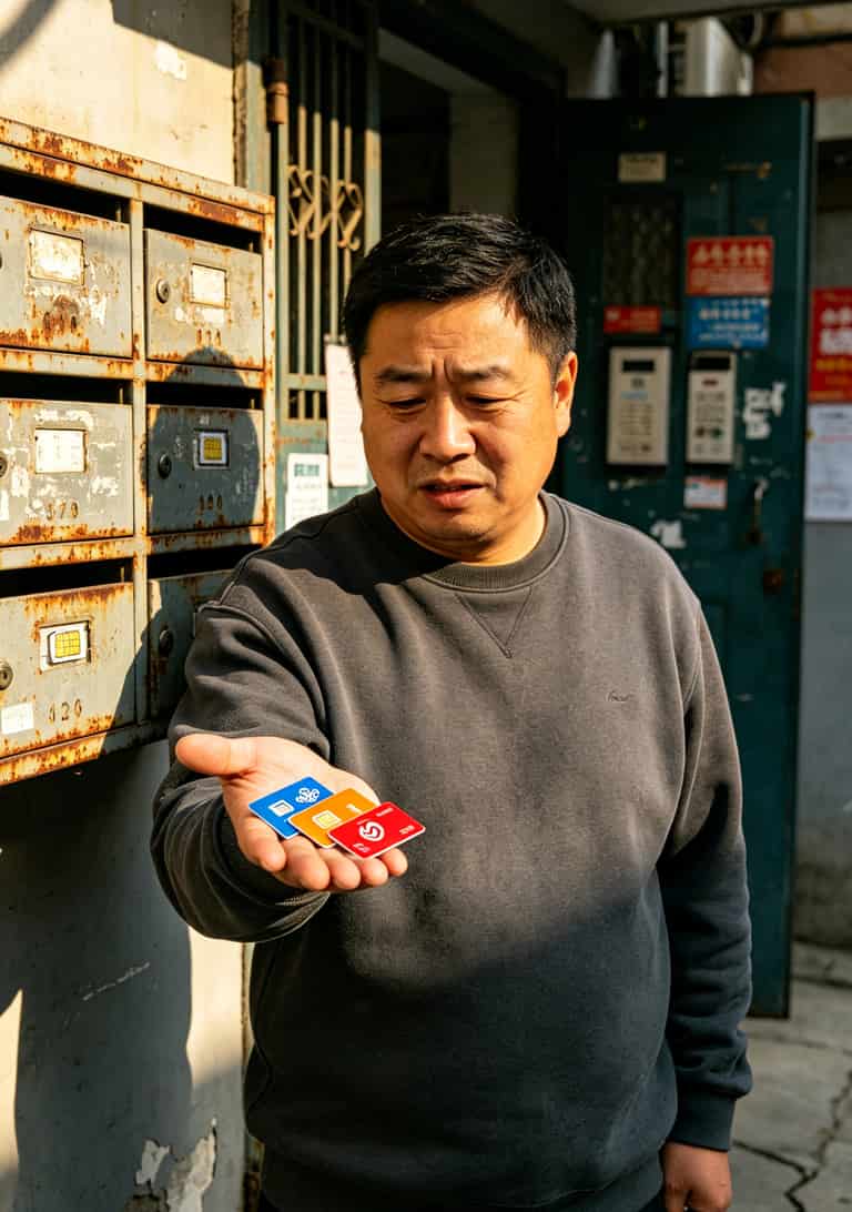 老张手里拿着几张不同运营商的SIM卡，背景是北京某小区