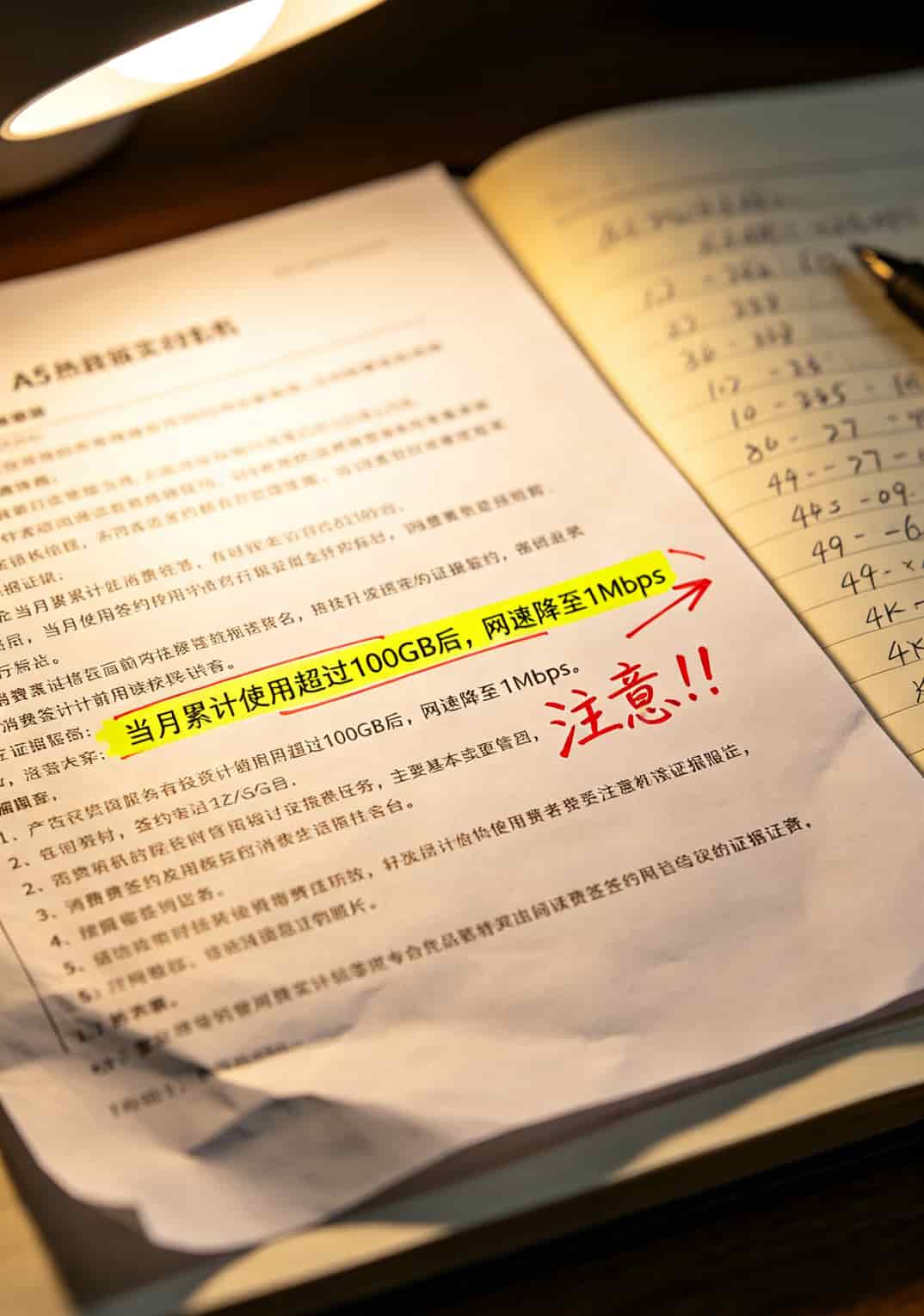 电信套餐小字条款截图，标注100g后降速