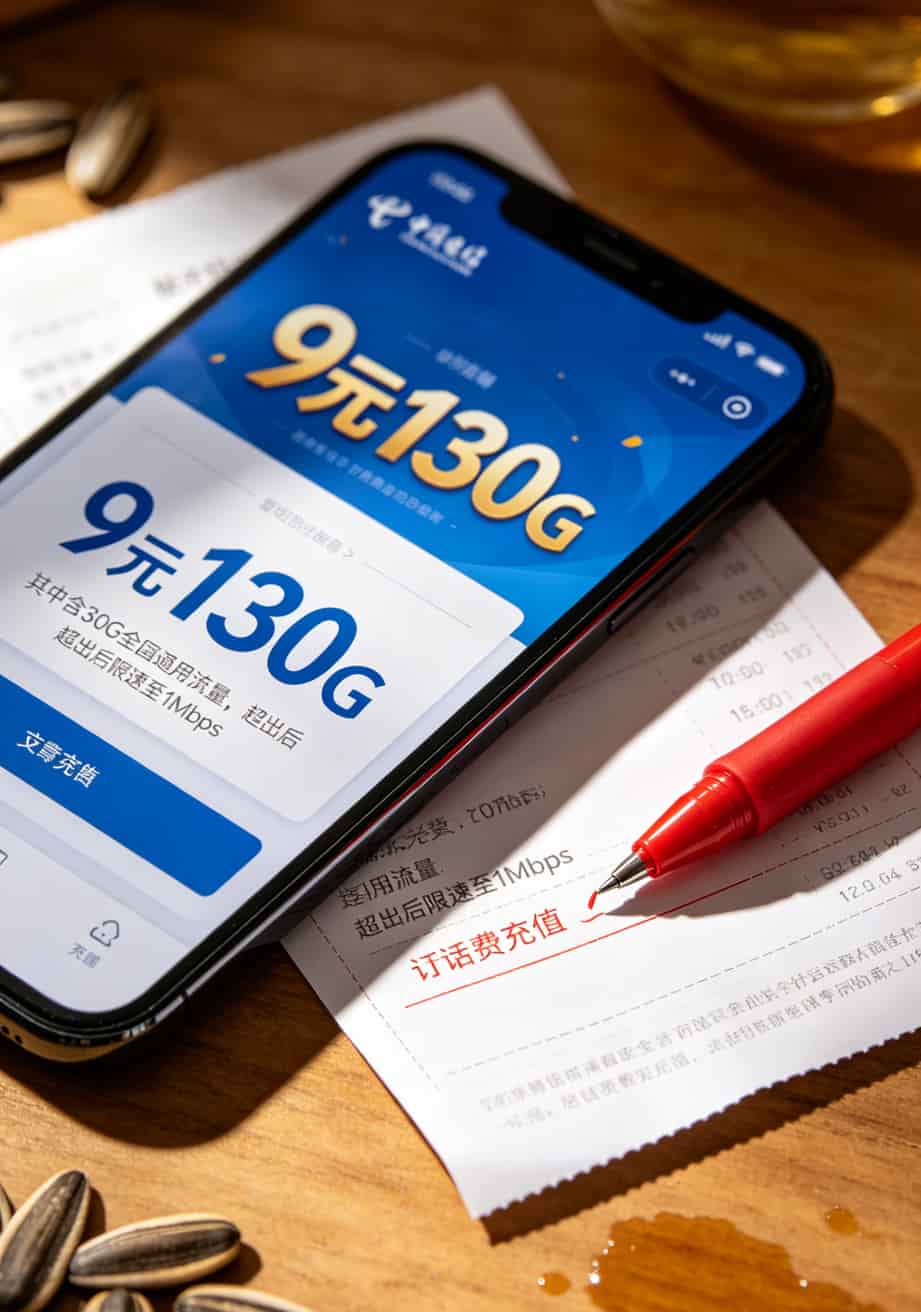 华为随身WiFi搭配9元月租流量卡电信,我踩了6个坑才敢说真话 电信套餐详情页截图,用红圈标出“30G后限速”的小字内容