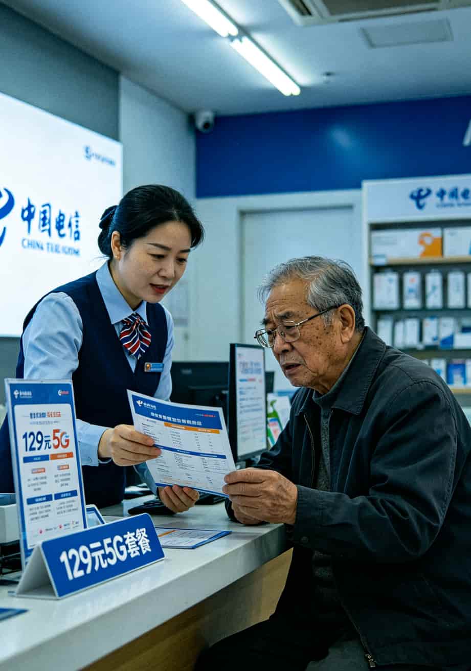 电信营业厅内部环境，柜台前有工作人员在介绍套餐