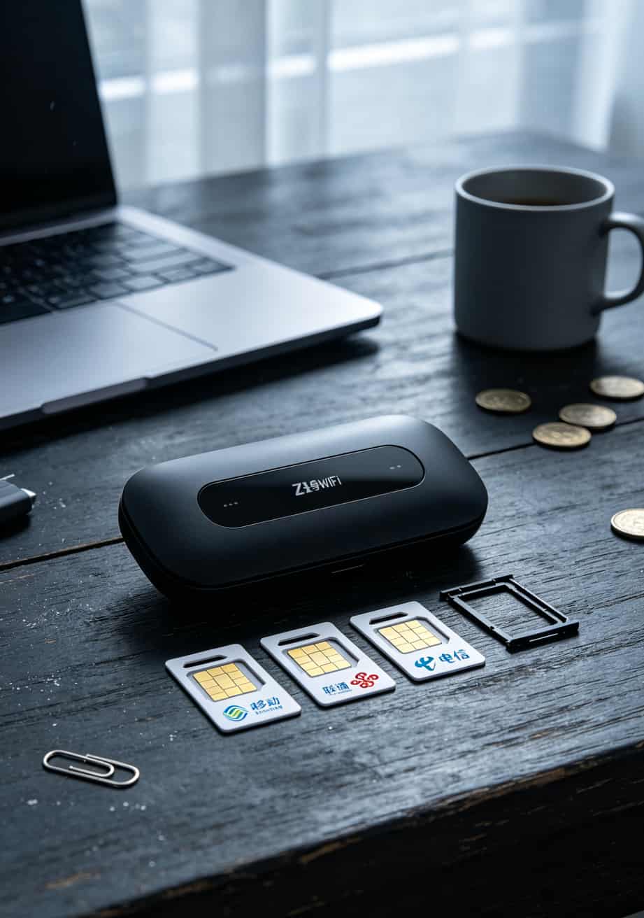 三张不同运营商SIM卡并排放在中兴随身WiFi旁边