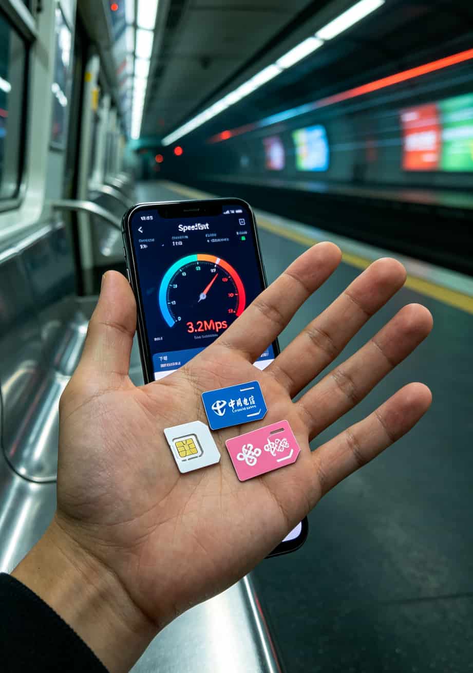 三大运营商SIM卡并排摆放，背景是测速软件界面