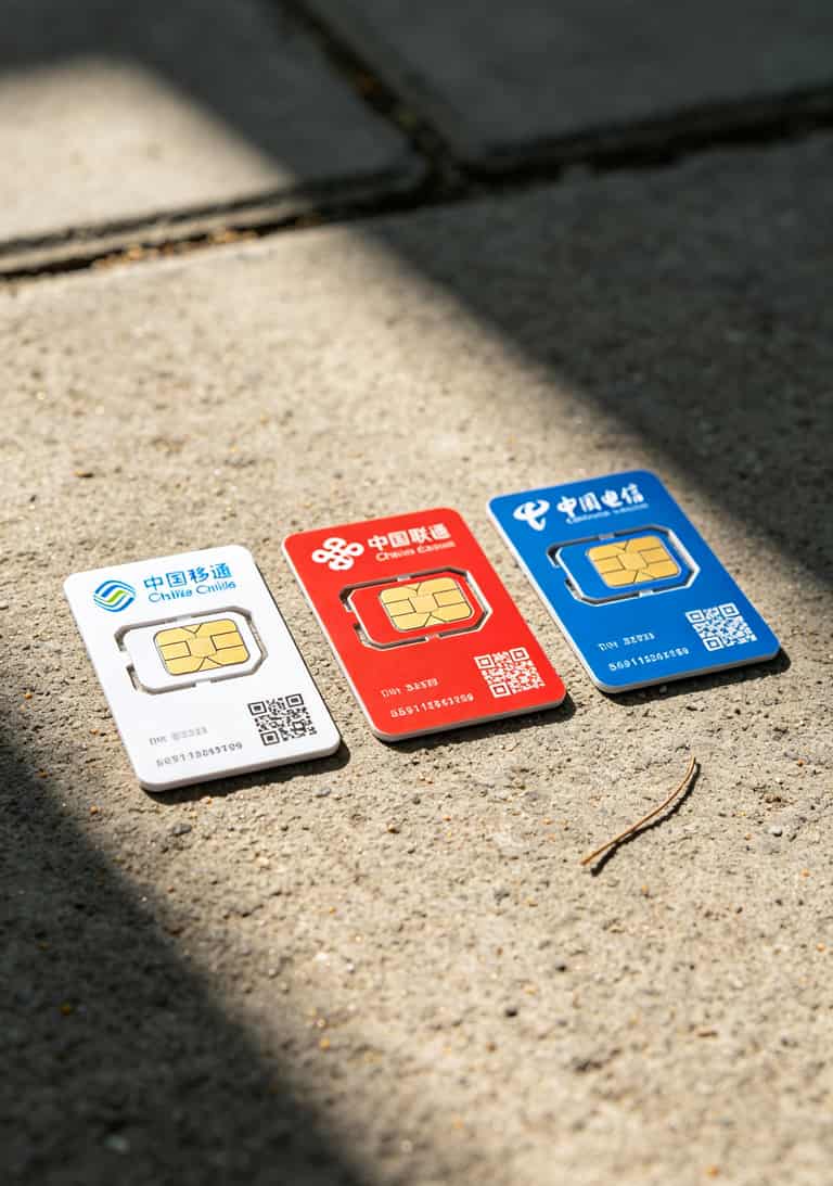 用了8年流量卡,终于敢说透“流量卡29元永久套餐”的真相 三张流量卡并排放在桌面上,移动、联通、电信各一张