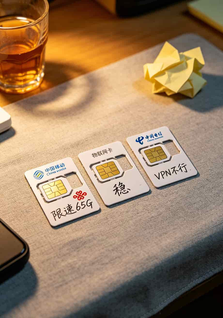 被坑了三次才明白:华为随身WiFi和1元领流量卡到底该怎么选 三张运营商物联网卡并排对比,标注移动联通电信